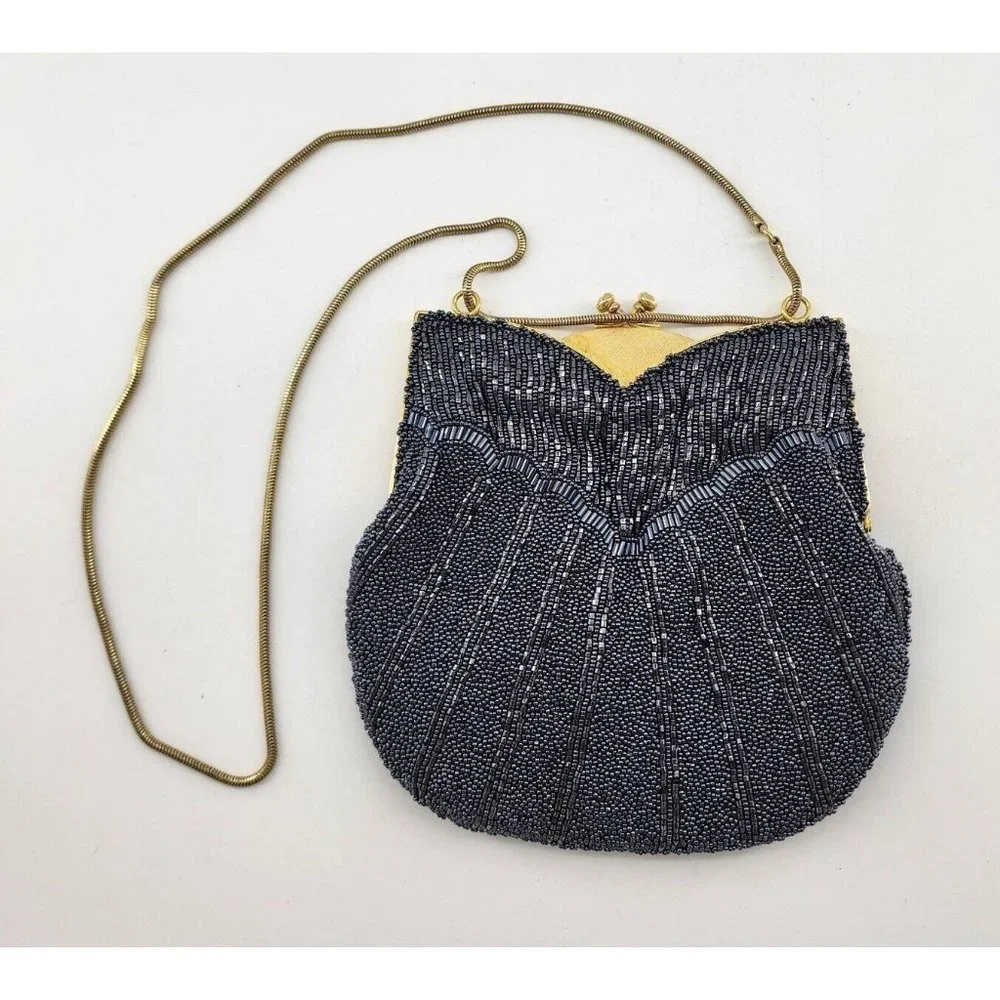 Vintage Ed B Robinson Beaded‎ Handbag Clutch with Gold Strap Small Purse Blue